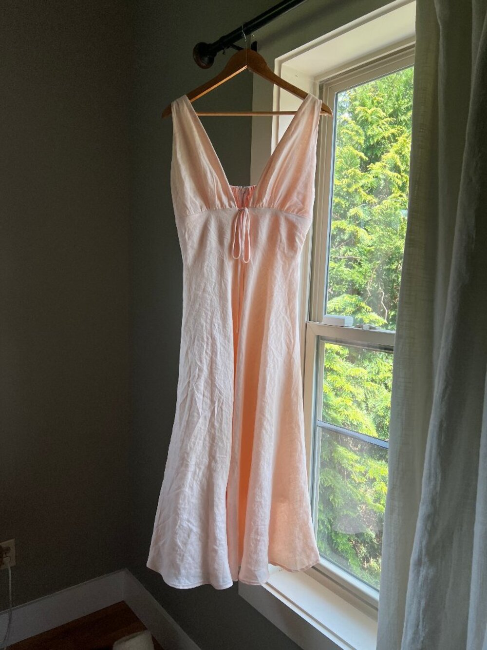 Pink Linen Maxi Dress Deep V Plunge Tie Front Summer Dress M